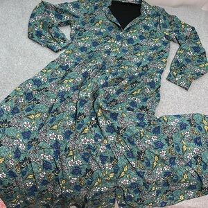 Modest Button Front Floral Maxi Dress Womens XL Tiered Long Sleeve Easter